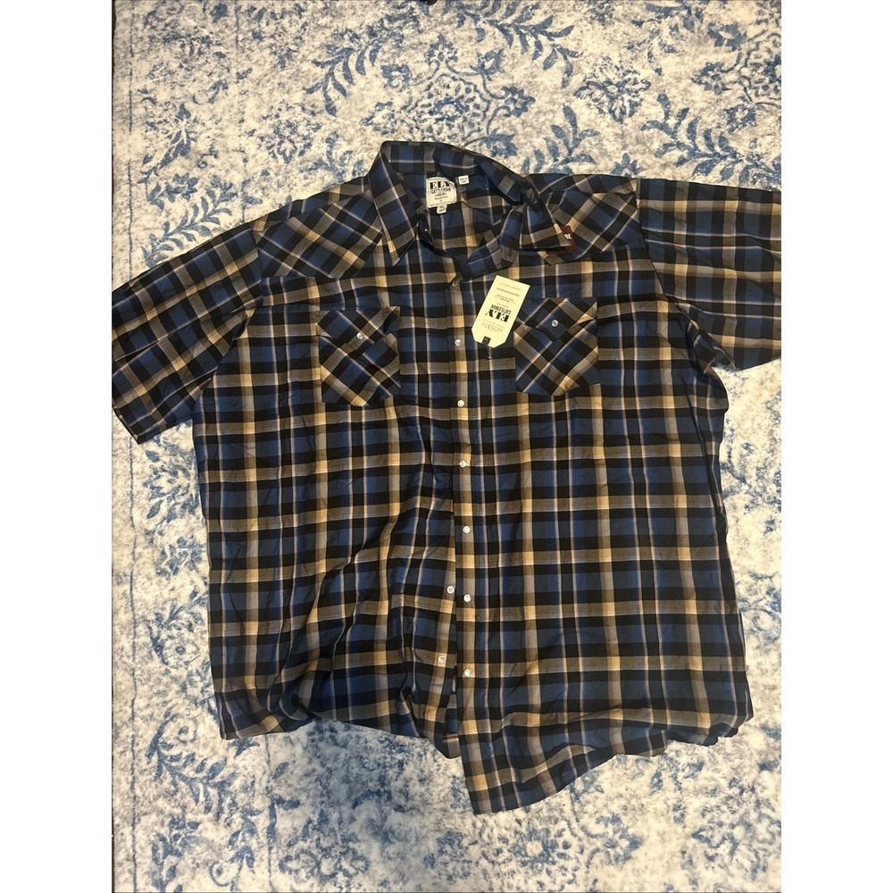 Ely Cattleman Mens Large Tall Western Shirt Blue Plaid Cowboy Pearl Snap New